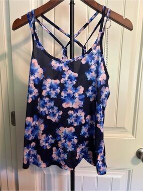 Old Navy Floral Strappy Activewear Tank Top - Navy with Blue & Pink Floral